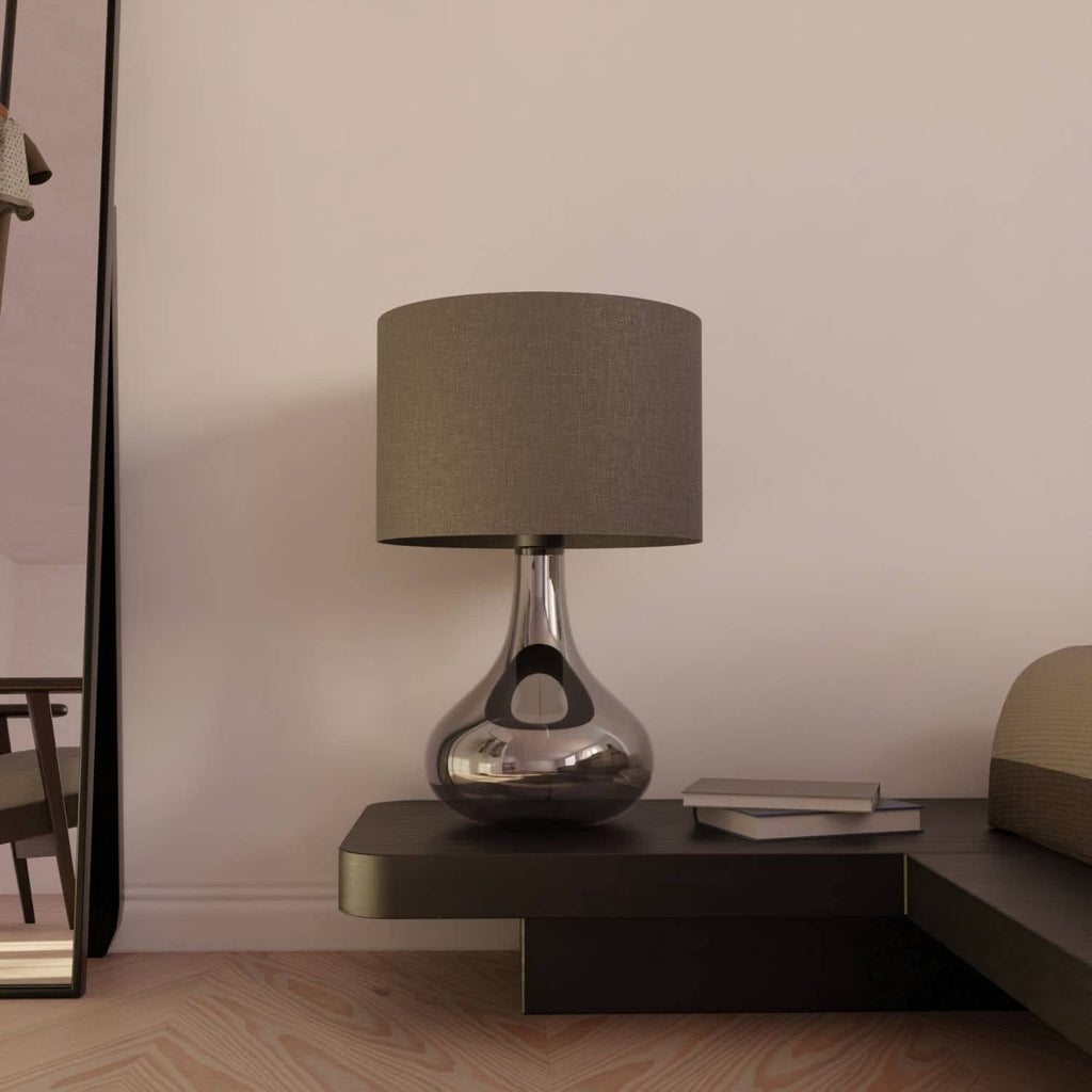 Modern Bedside Table Lamp with Fabric Shade and Glass Base
