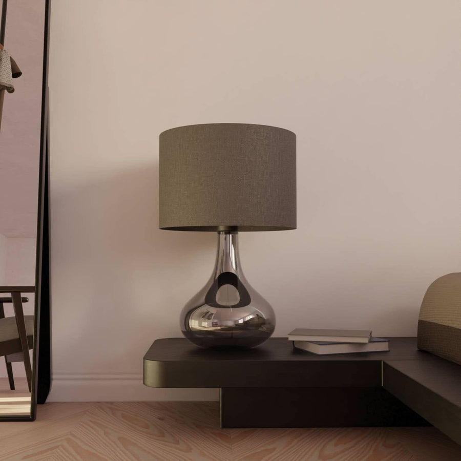 Bedside Table Lamp with Fabric Shade & Mirrored Glass Base