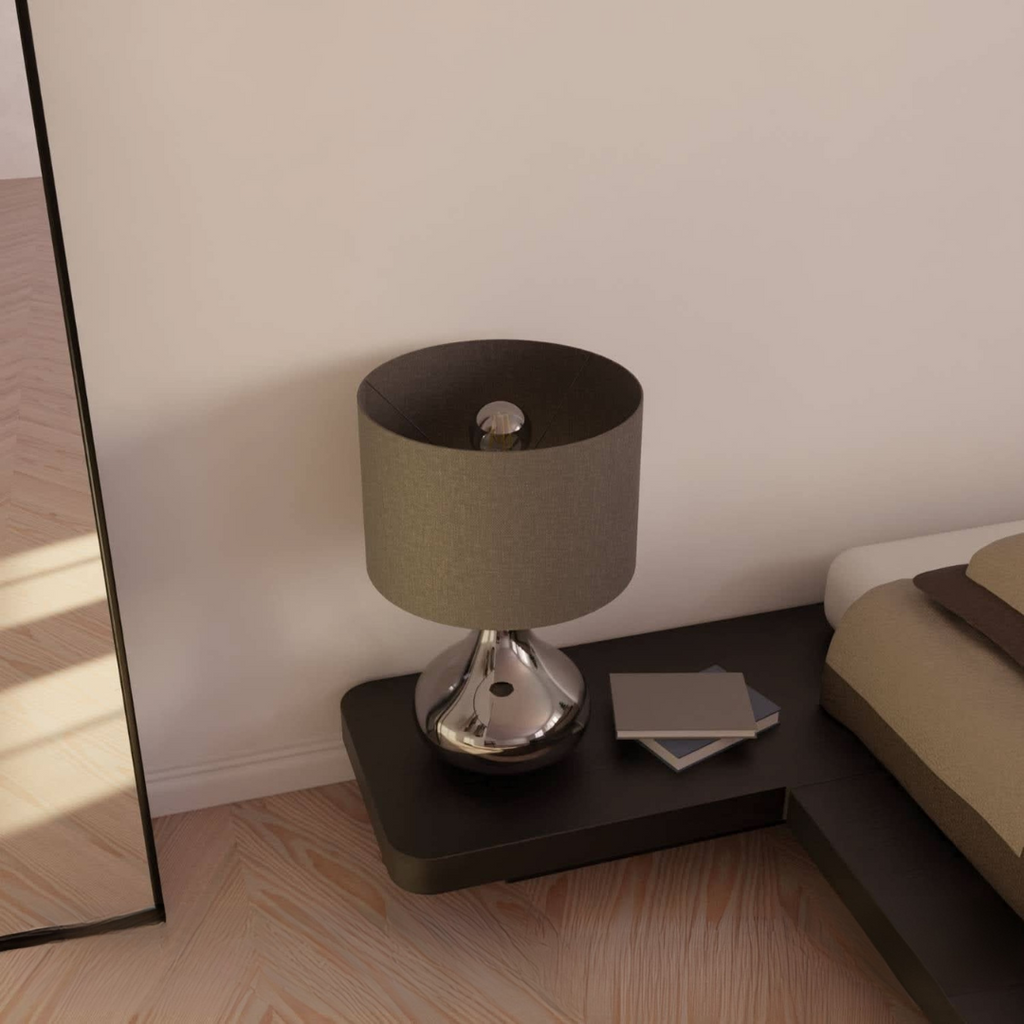 Modern Bedside Table Lamp with Fabric Shade and Glass Base