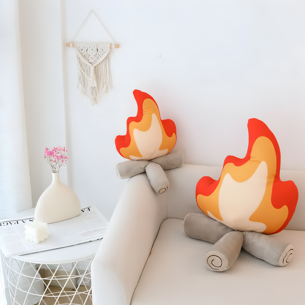 Campfire Shaped Plush Decorative Pillow with Flame and Log Design