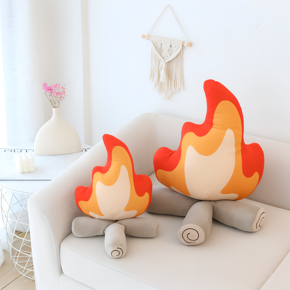 Campfire Shaped Plush Decorative Pillow with Flame and Log Design