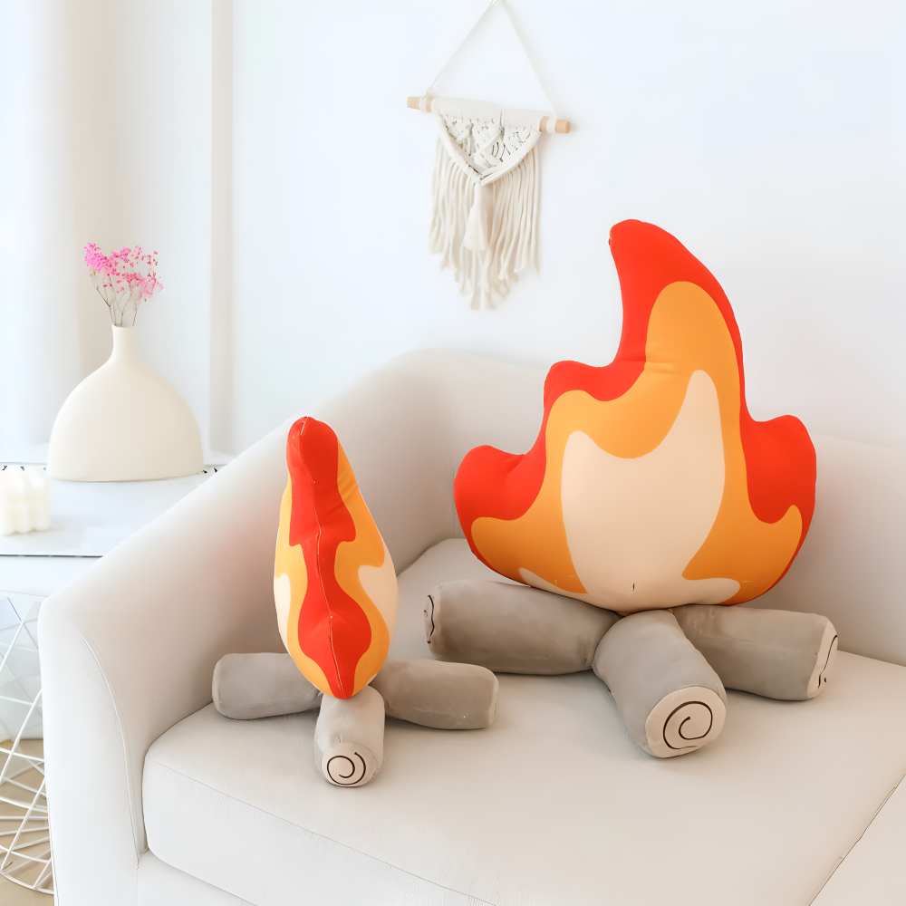 Campfire Shaped Plush Decorative Pillow with Flame and Log Design