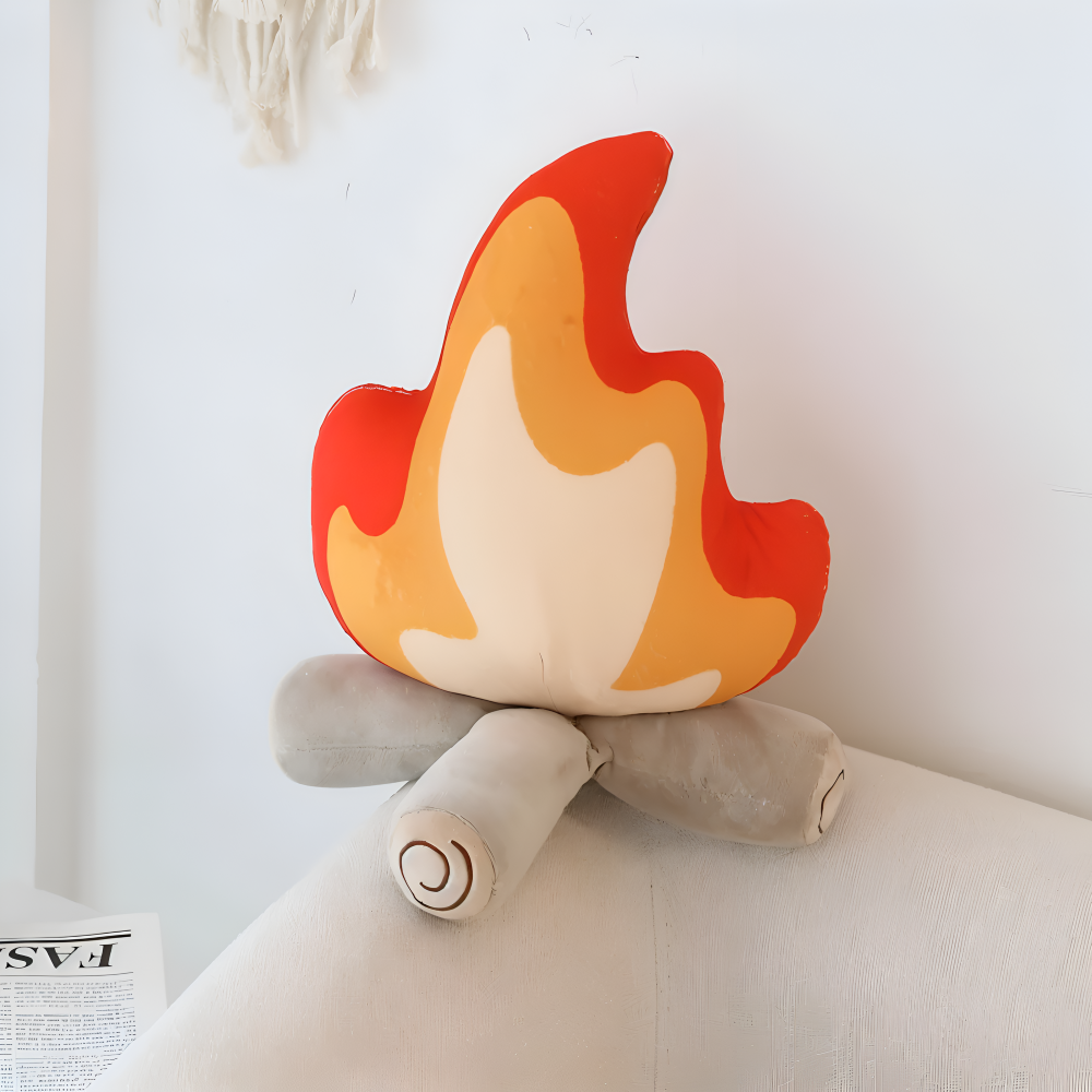 Campfire Shaped Plush Decorative Pillow with Flame and Log Design