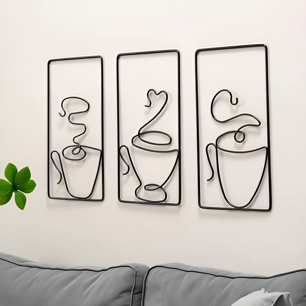 Minimalist Coffee Cup Metal Wall Art Set for Kitchen and Coffee Bar