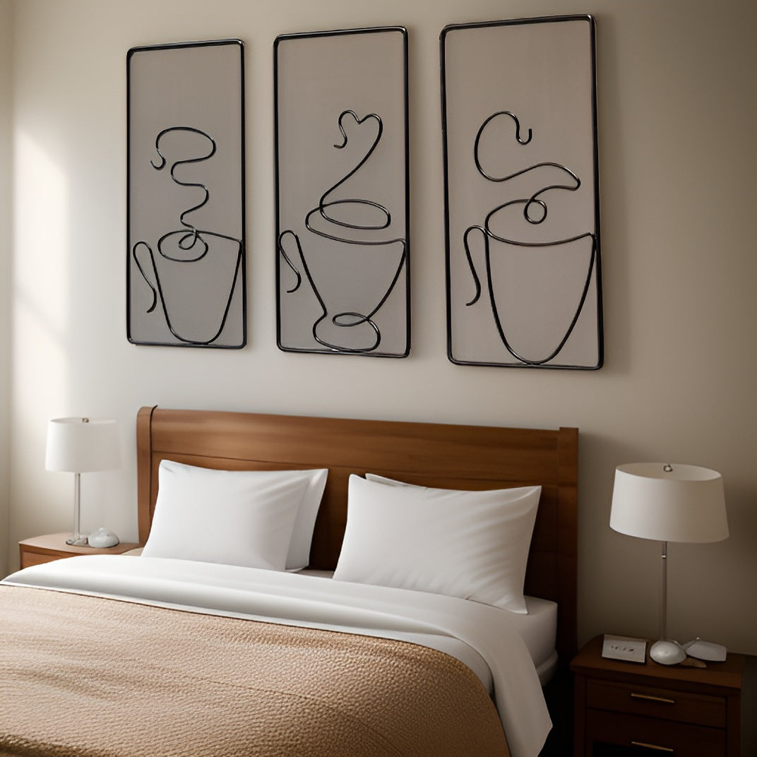 Minimalist Coffee Cup Metal Wall Art Set for Kitchen and Coffee Bar