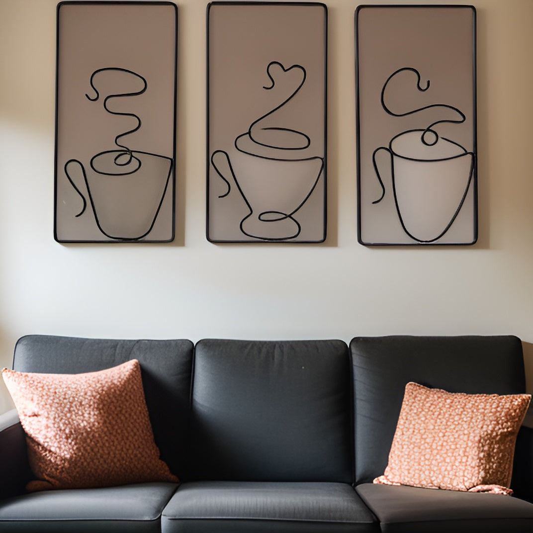 Minimalist Coffee Cup Metal Wall Art Set for Kitchen and Coffee Bar