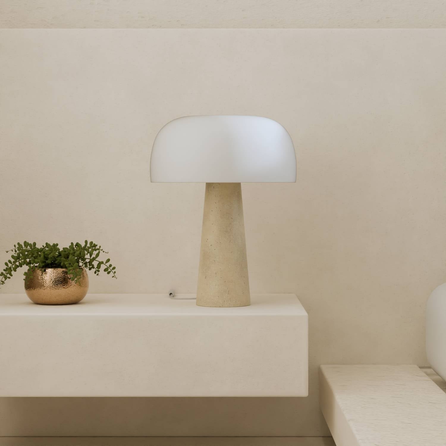 Travertine Base Table Lamp with Opal Glass Shade Modern