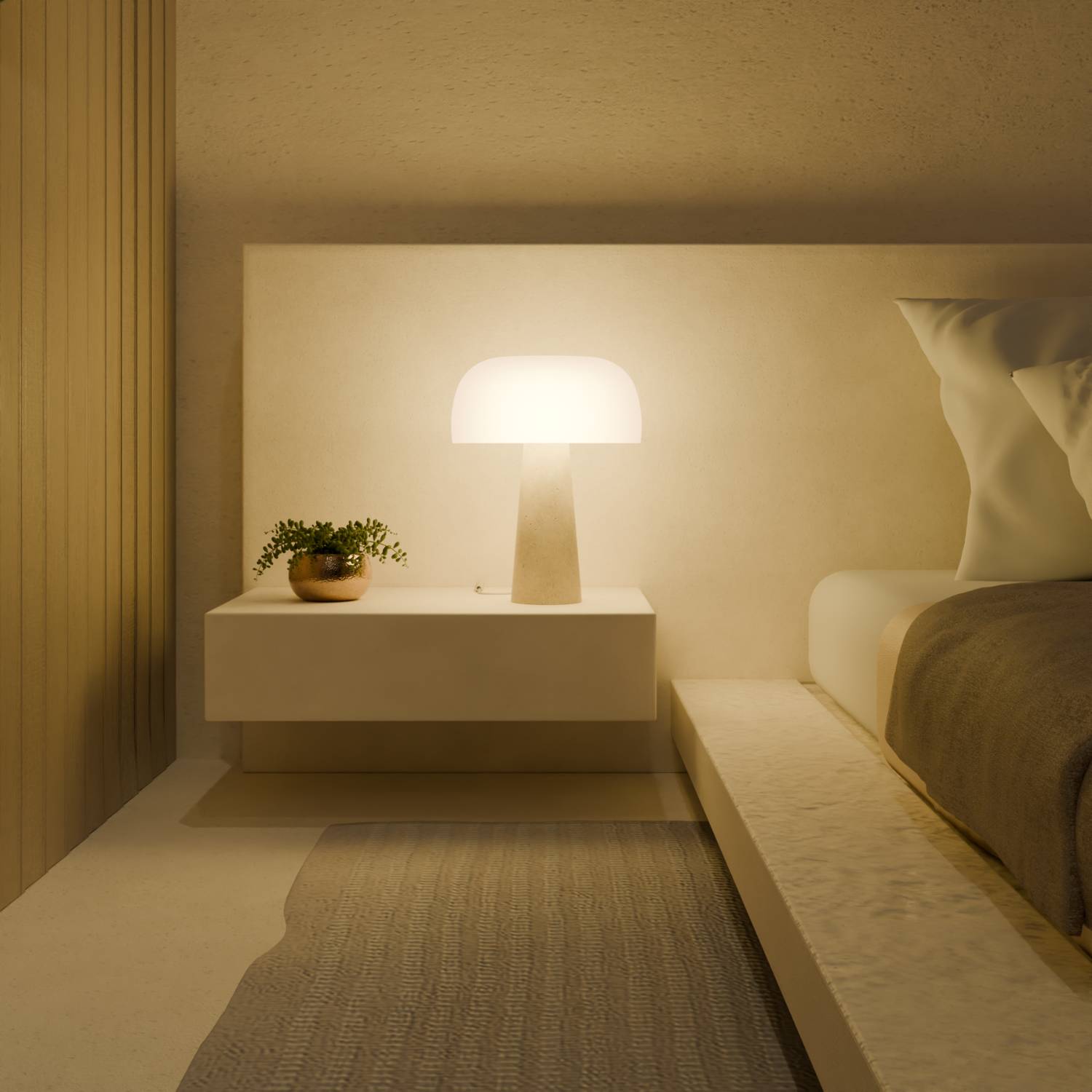 Travertine Base Table Lamp with Opal Glass Shade Modern