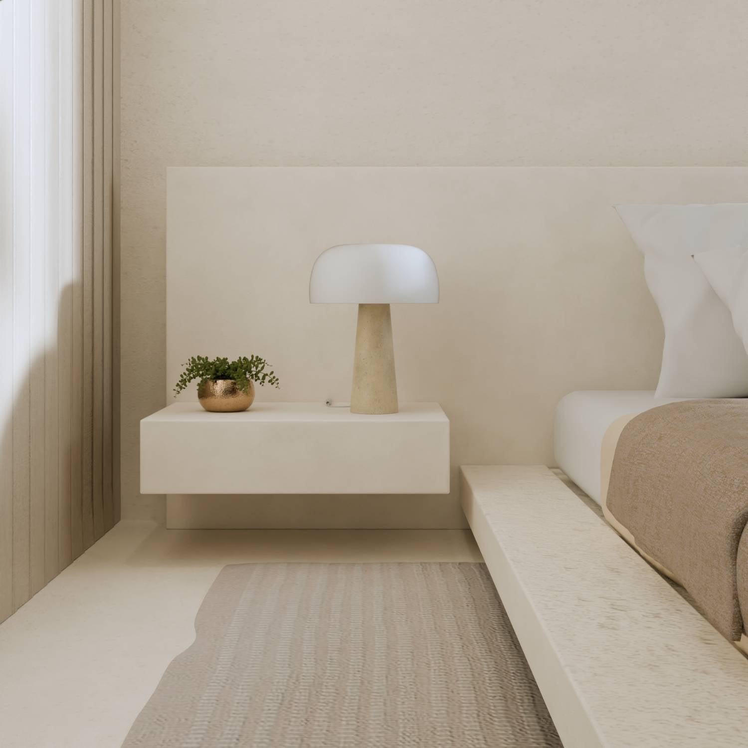 Travertine Base Table Lamp with Opal Glass Shade Modern