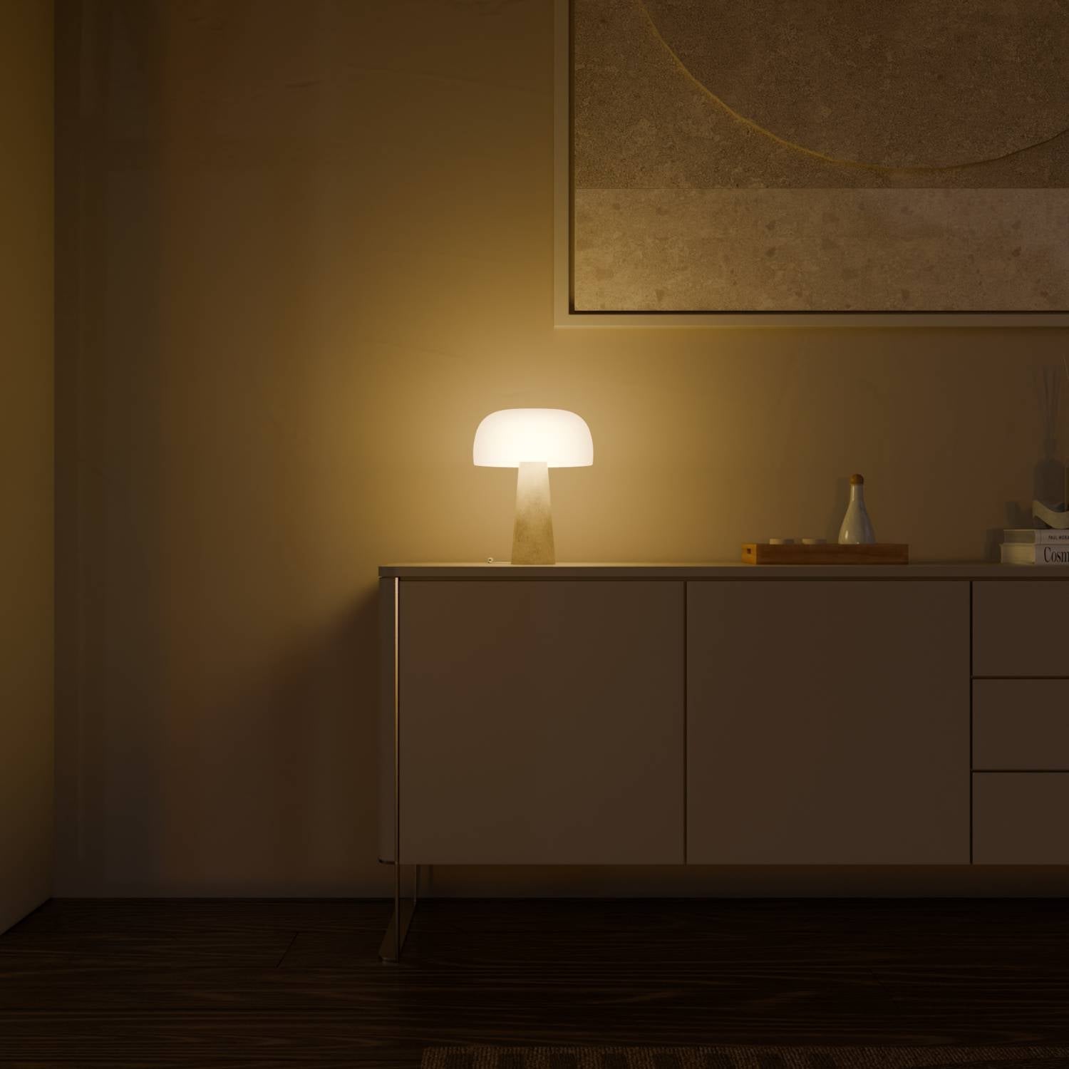 Travertine Base Table Lamp with Opal Glass Shade Modern