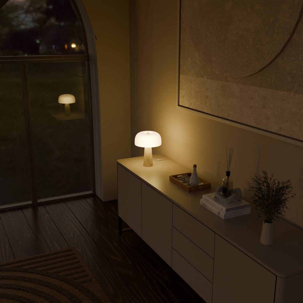 Travertine Base Table Lamp with Opal Glass Shade Modern