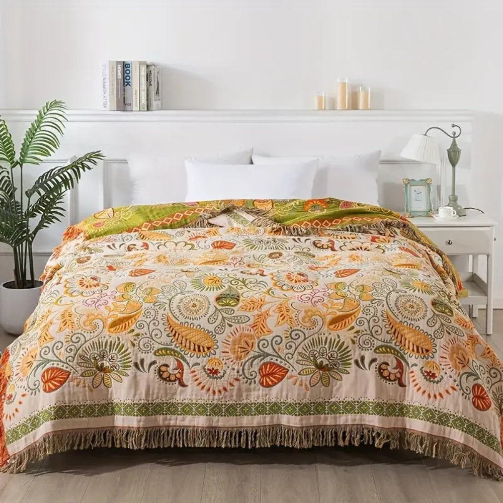 Boho Floral Cotton Throw Blanket with Tassel Fringe