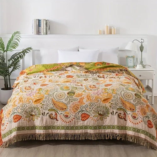 Boho Floral Cotton Throw Blanket with Tassel Fringe