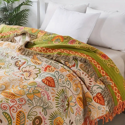 Boho Floral Cotton Throw Blanket with Tassel Fringe