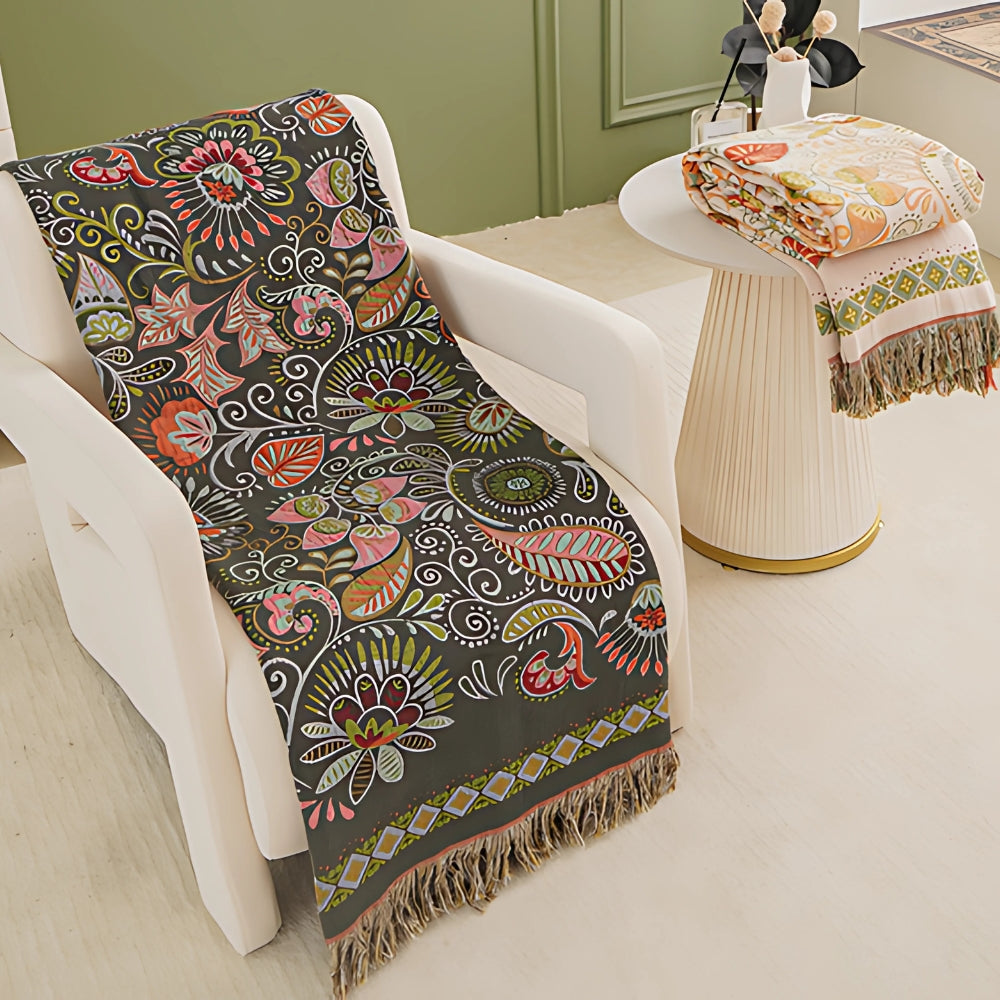 Boho Floral Cotton Throw Blanket with Tassel Fringe