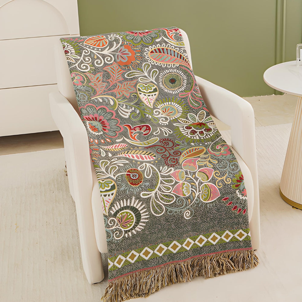 Boho Floral Cotton Throw Blanket with Tassel Fringe