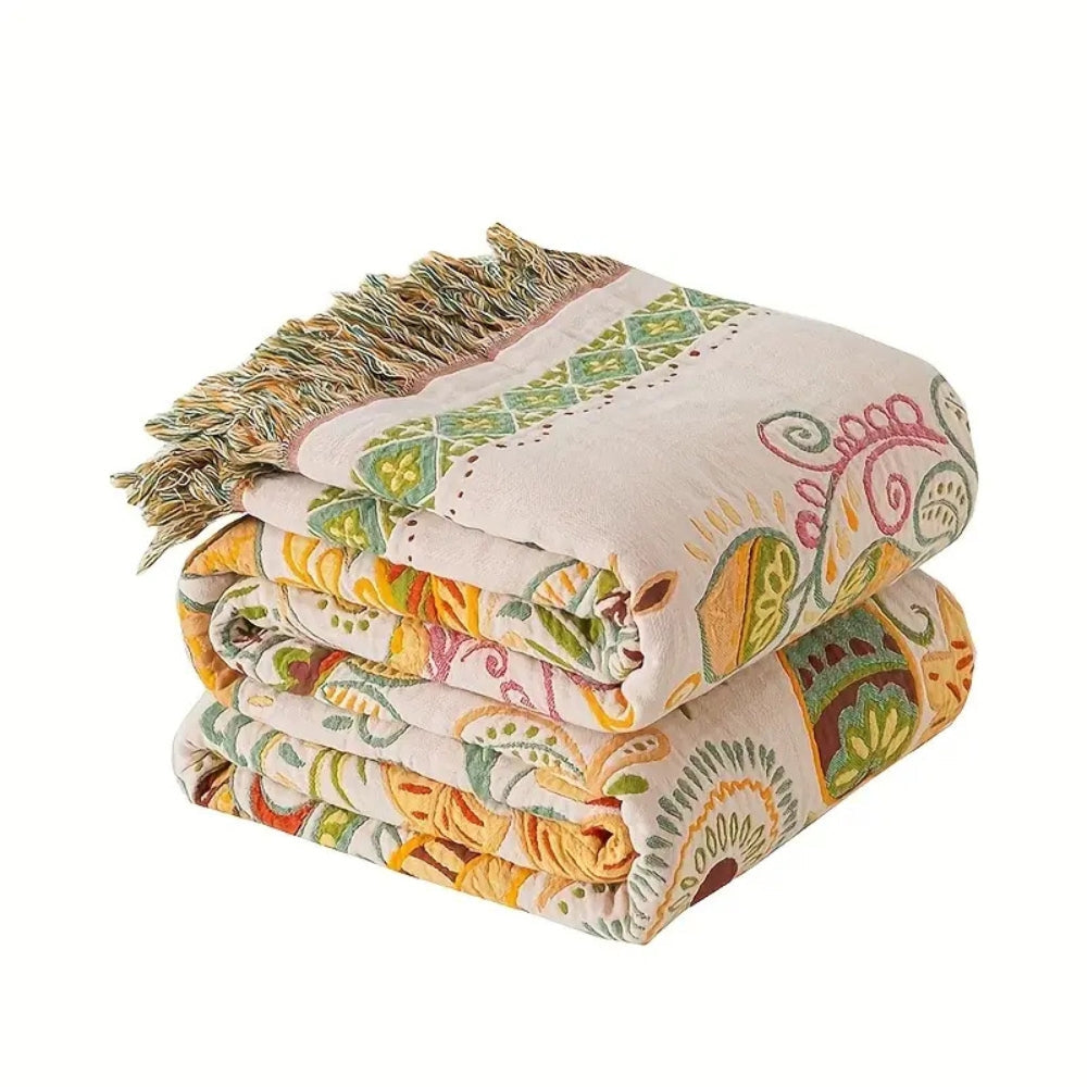 Boho Floral Cotton Throw Blanket with Tassel Fringe