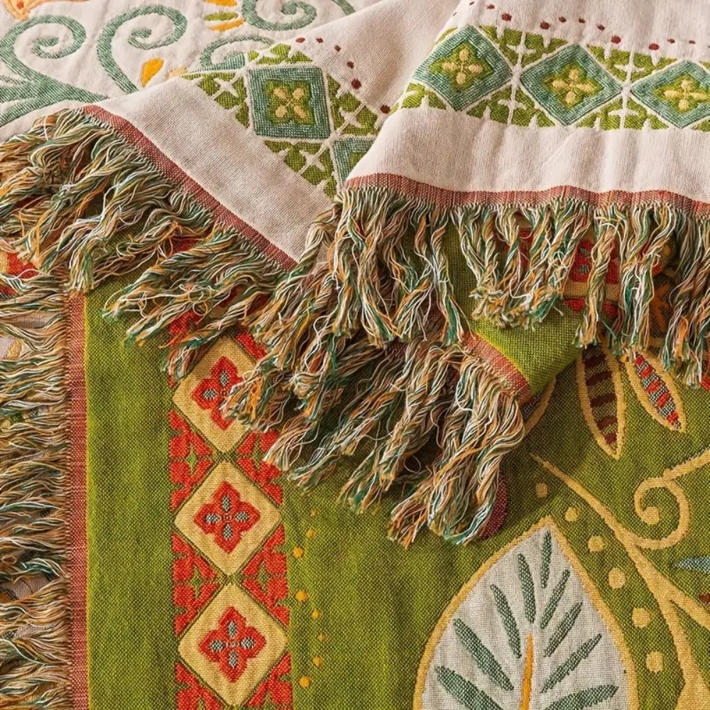 Boho Floral Cotton Throw Blanket with Tassel Fringe