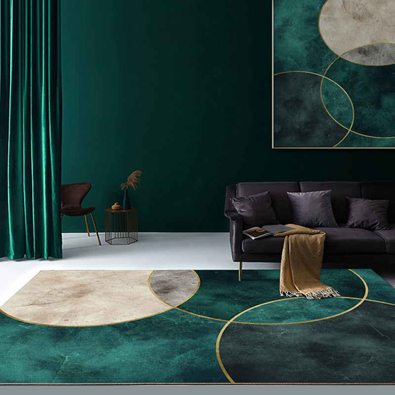 Modern Green Geometric Area Rug with Gold Line Design