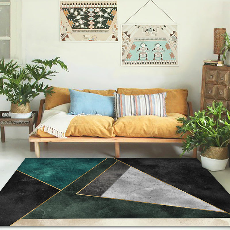 Modern Green Geometric Area Rug with Gold Line Design