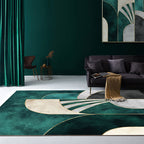 Modern Green Geometric Area Rug with Gold Line Design