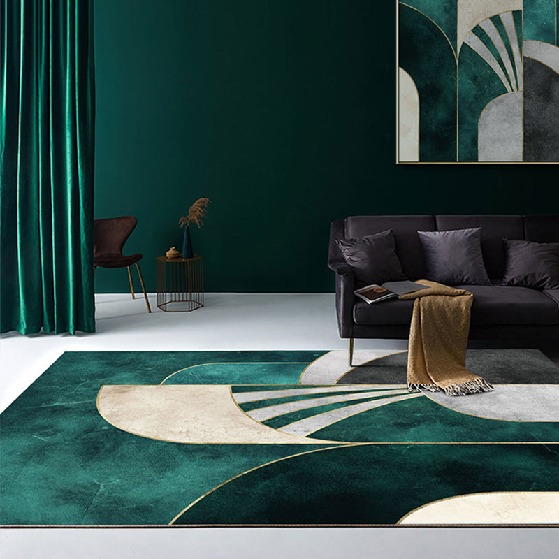Modern Green Geometric Area Rug with Gold Line Design