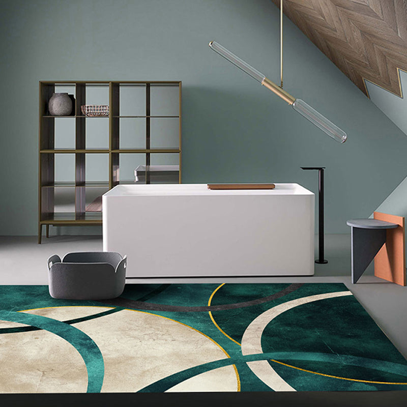 Modern Green Geometric Area Rug with Gold Line Design