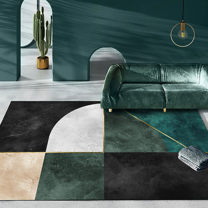 Modern Green Geometric Area Rug with Gold Line Design