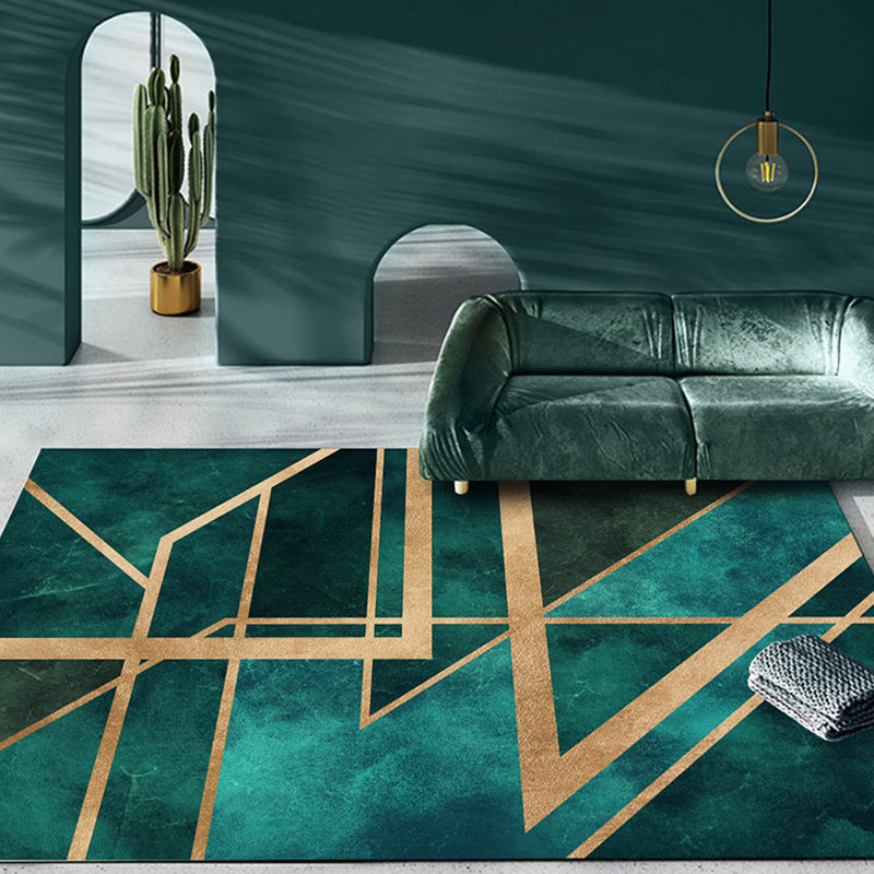 Modern Green Geometric Area Rug with Gold Line Design