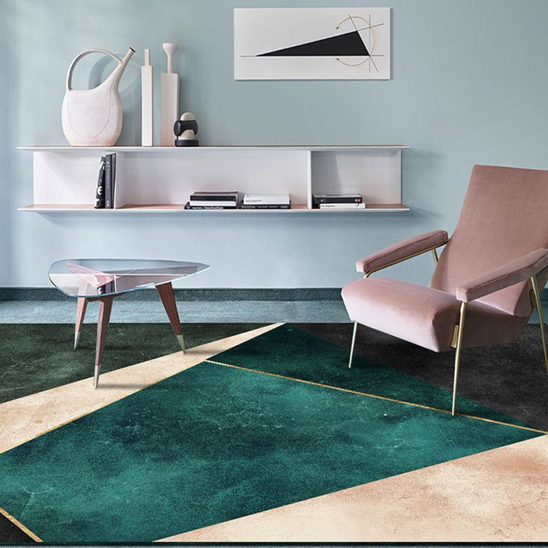 Modern Green Geometric Area Rug with Gold Line Design