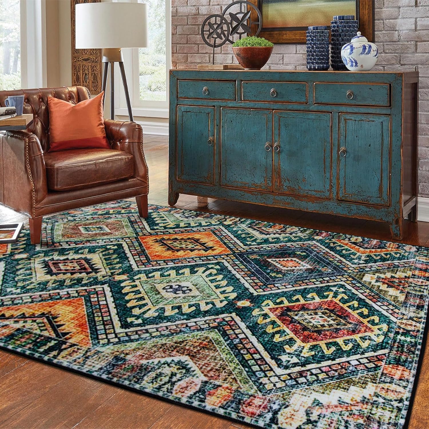 Boho Tribal Area Rug with Geometric Pattern